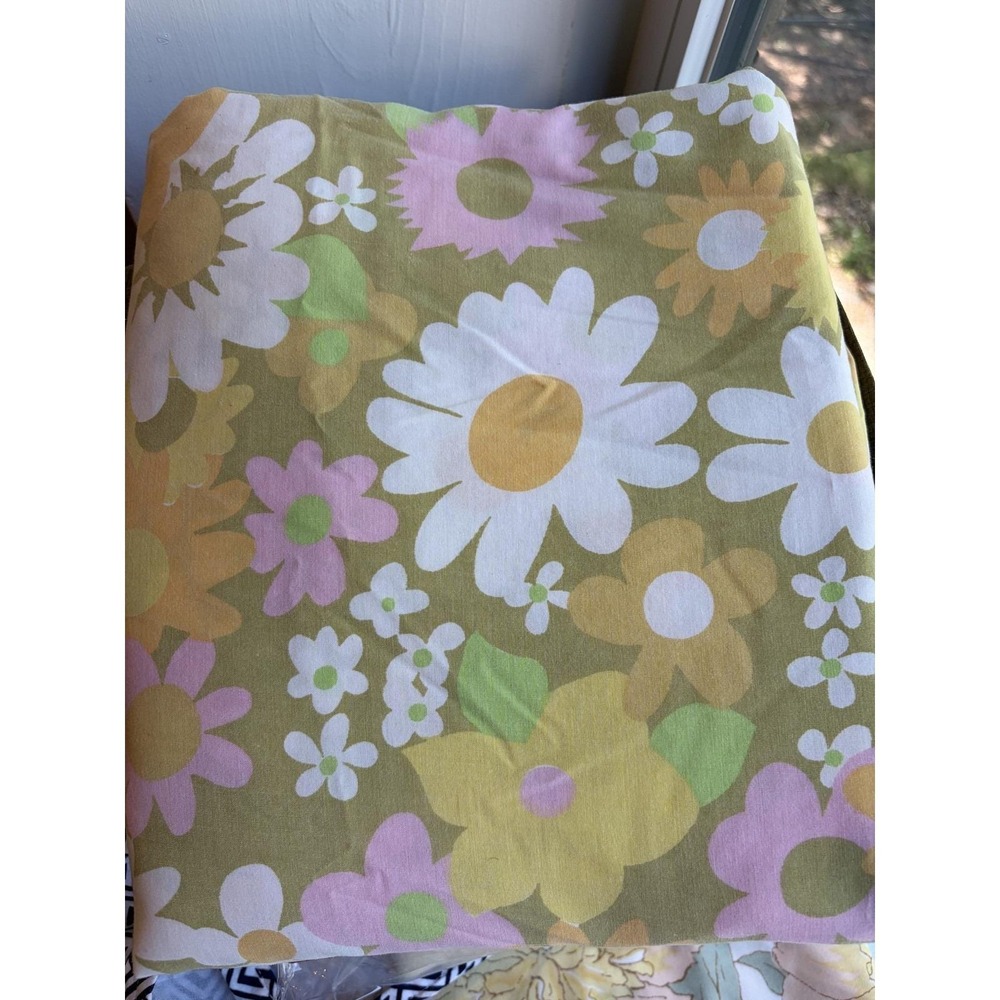 Vintage Fieldcrest Perfection Flat Sheet Queen/Full Floral Daisy Retro Green